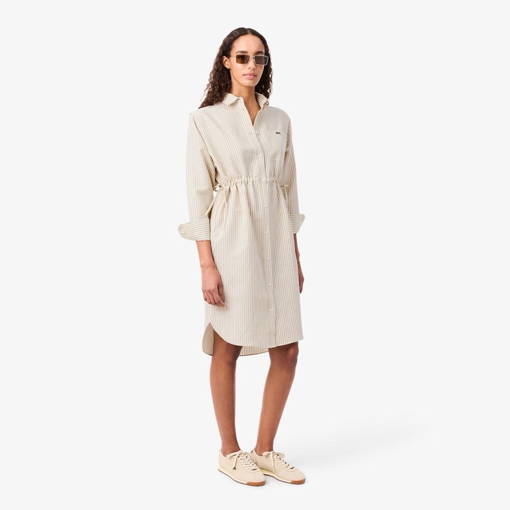 Lacoste Striped Beige Oversized Linen Blend Shirt Dress 34 XS